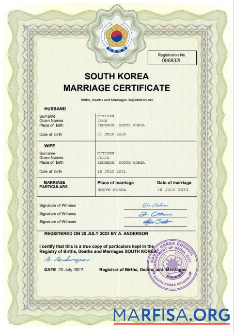 Blank South Korea marriage certificate Word and PDF template